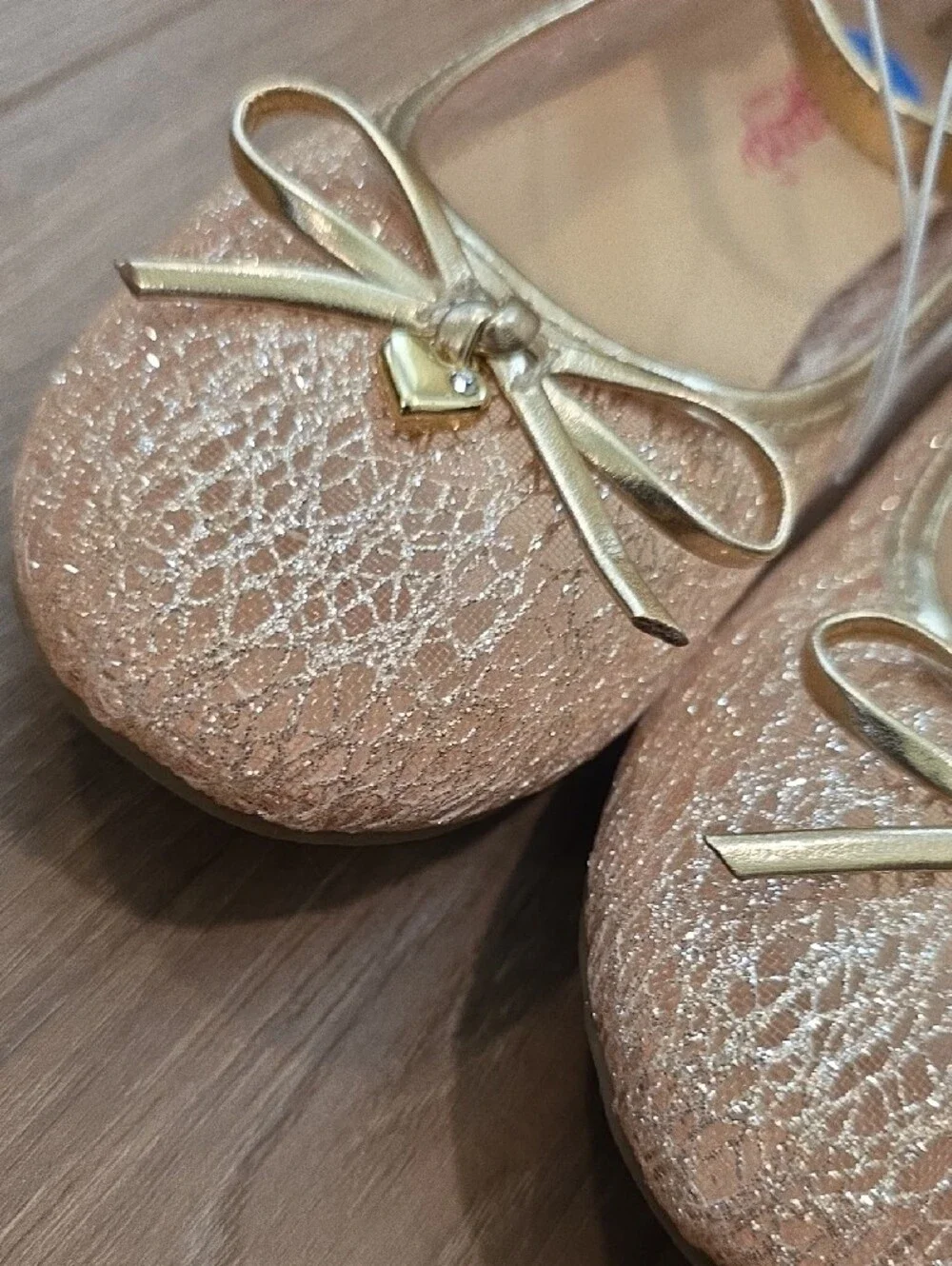 Girl's Shimmery Rose Gold Ballet Flats with Ankle Strap. Size 2.